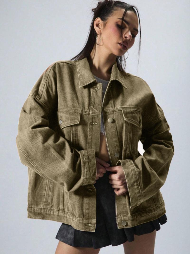 Women's Plain Button Front Drop Shoulder Denim Coat, Casual Long Sleeve Collared Pocket Outerwear for Daily Wear, Ladies Clothes for All Seasons, Clothing for Women Women's Plain Button Front Drop Shoulder Denim Coat, Casual Long Sleeve Collared Pocket Outerwear for Daily Wear, Ladies Clothes for All Seasons, Clothing for Women