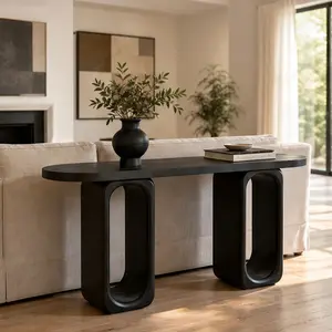 ARCH 50" Modern Art Sculptural Console Table Oval Cutout Legs Wood Veneer MDF Black Entryway Sofa Table for Living Room Hallway Behind Couch Contemporary Thick Rounded Tabletop Home Furniture, Black Color Options, MDF Material, Modern Style