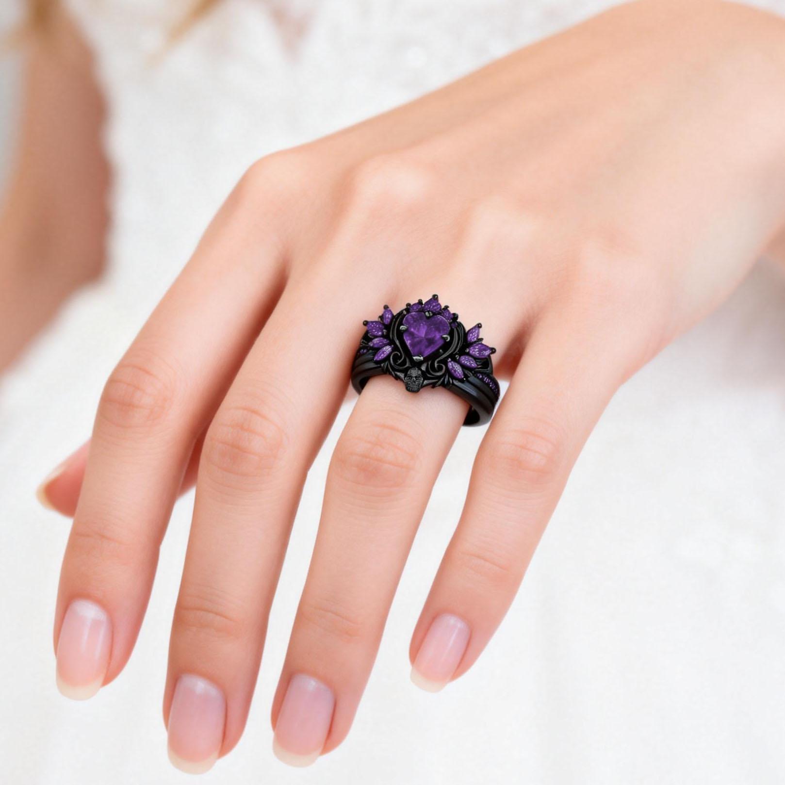 Lvrong Couple Rings Matching Rings Black Wings Skull Ring 1.5ct Heart Purple CZ Womens Wedding Ring Sets Punk Ring