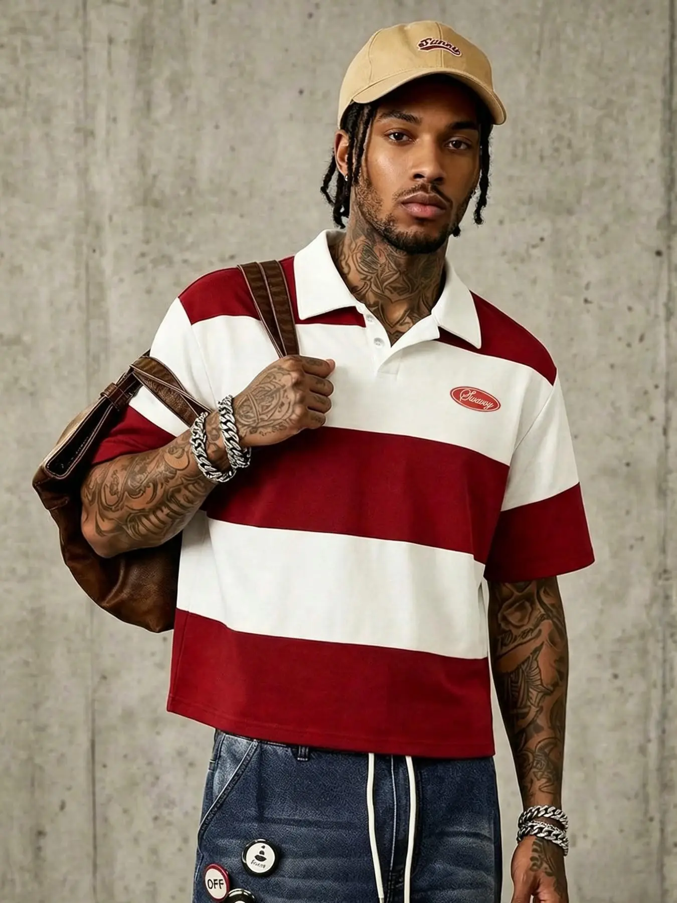 Striped Polo Shirt with American Casual Style, Oversized Short Sleeve Design, Relaxed Fit, Classic Color Palette, Subtle Logo, Perfect Fit for All Body Types