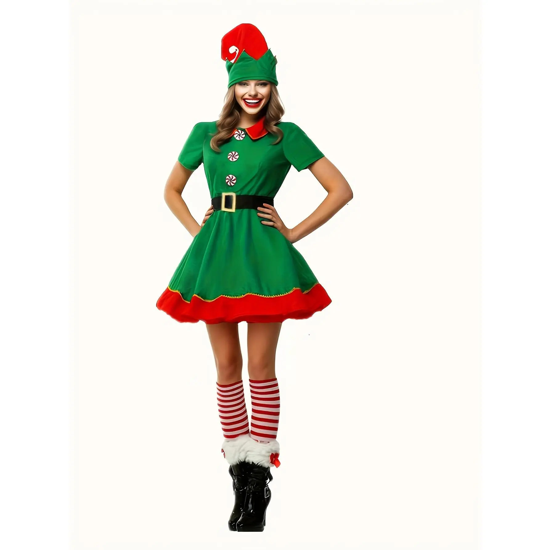 4pcs Christmas Elf Costume Set for Women - Hat, Dress, Belt, Stockings.