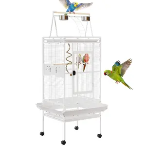 Large 68-Inch Wrought Iron Parrot Cage with Rolling Stand – Playtop Birdcage for Cockatiels, Conure, Quaker, Parakeets, Lovebirds & Small to Medium Parrots