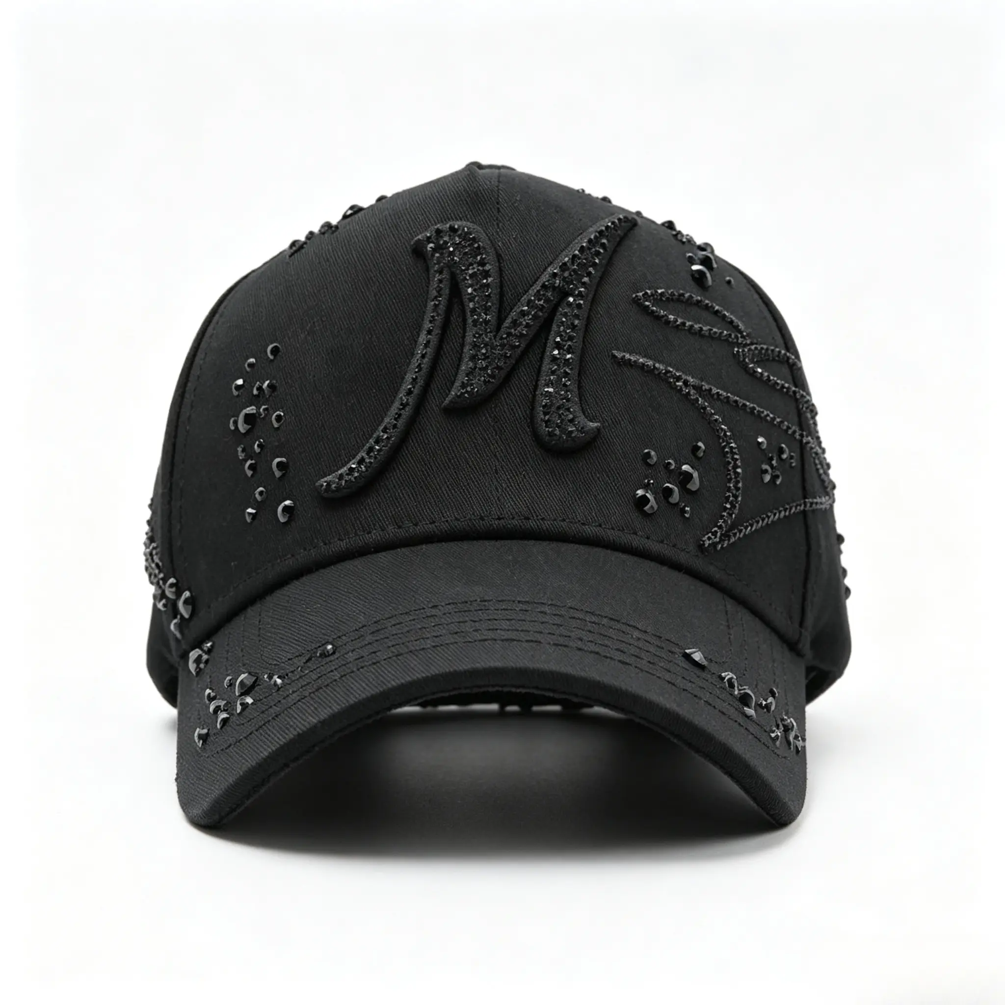 Blackout M Monogram Rhinestone Baseball Cap Meteor Scattered Dark Crystal Inlay All-Black Adjustable Snapback Minimal Gothic Y2K Streetwear Unisex Casual Sun Protection Hat