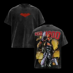 Retro Red Hood Flat Solid Red Bat Symbol Front Chest Print & Thick Bold Outlined "RED HOOD" Header Dual Pistol Muscular Full Body Hero Urban Background Back Graphic Dual-Sided Vintage Washed Black T-Shirt, Unisex Oversized Heavyweight Cotton Streetwear To