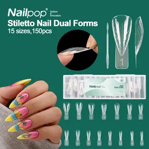 Nailpop Stiletto Nail Forms Transparent Guide Lines for Quick Polygel Builder 15 Sizes 150 Pcs Kit