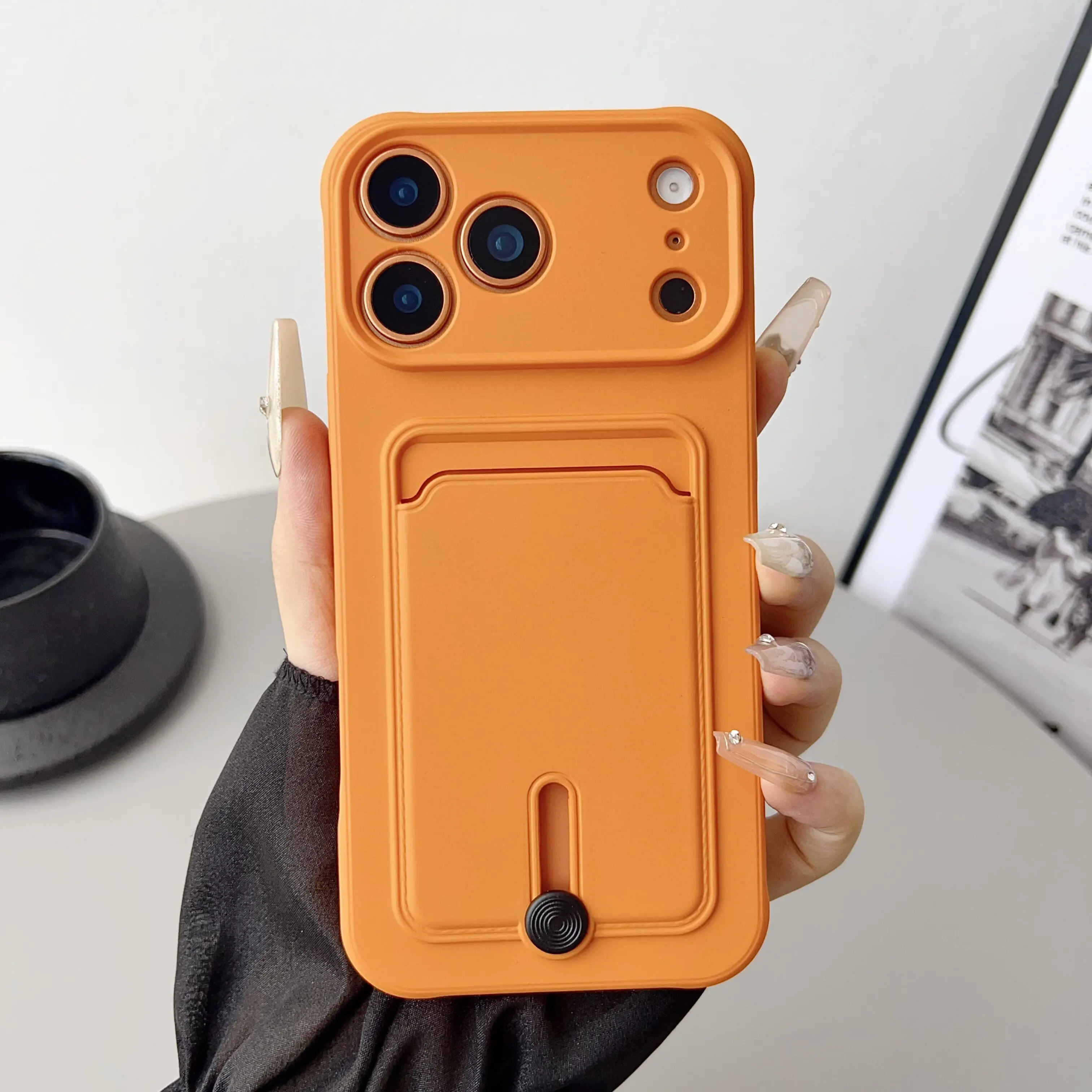 Handheld Soft Silicone Cellphone Protective Case with Built-In Card Bag & Slot - Shockproof, Anti-Drop - Solid Orange - for iPhone 12/13/14/15 Plus/16 Pro/17 Pro Max/17 Air - Mobile Phone Accessory