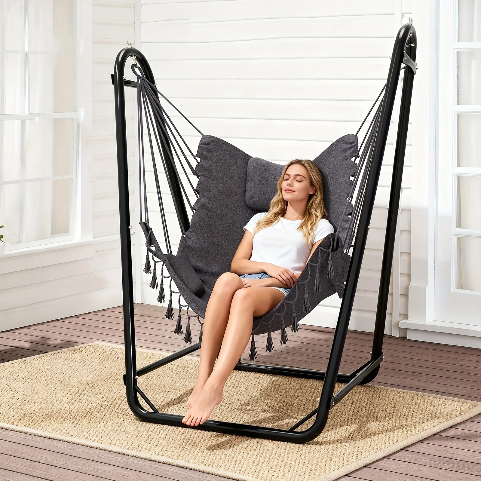 U-Shaped Hammock Chair Stand,Double-Tube Outdoor Hanging Chair,Maximum Load Capacity 350 Lbs,Sturdy&Rust-Resistan,Hanging Lounge Chair with Side Pocket,Free Grey Swing