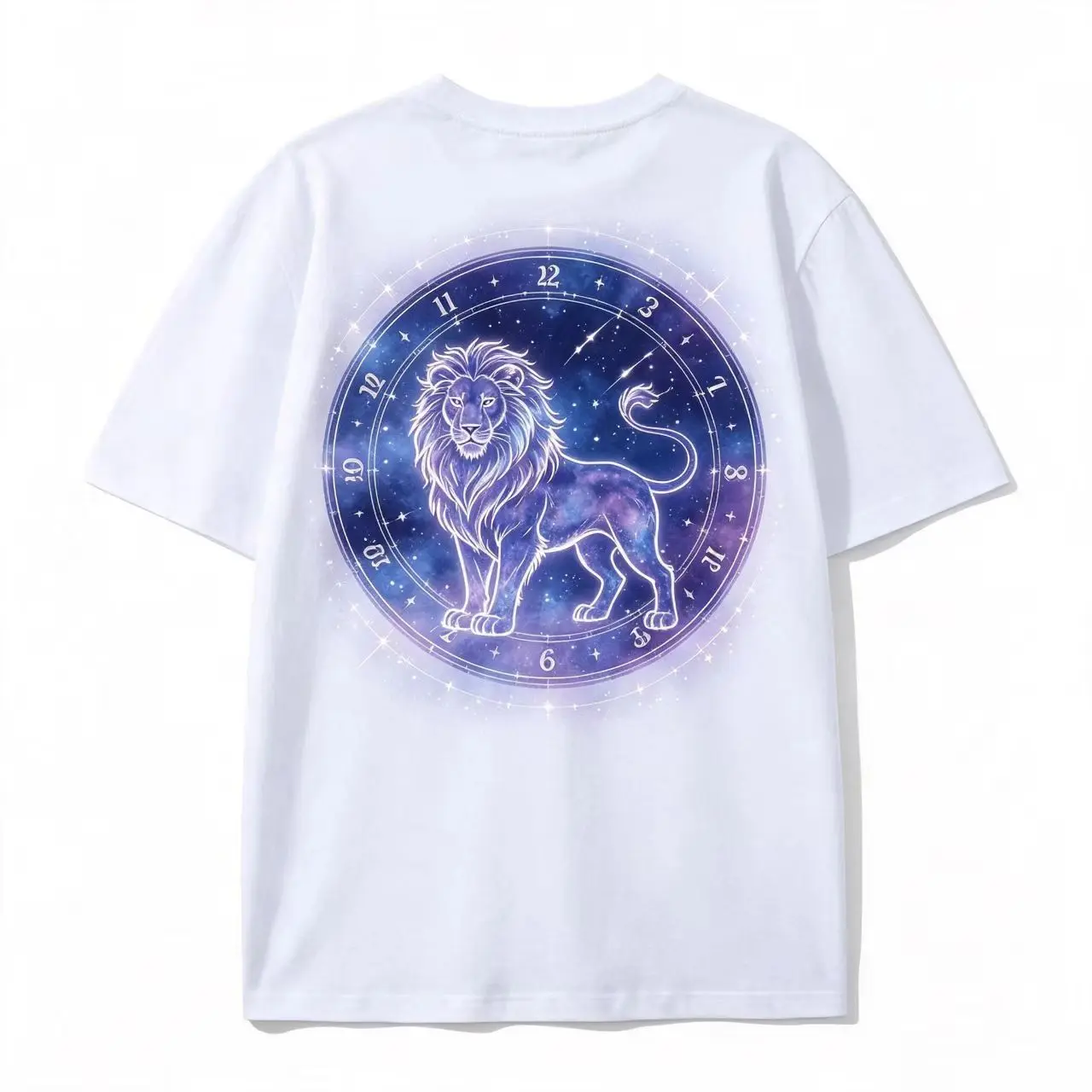 Menswear Oversized Leo Zodiac Galaxy Lion Clock Graphic Short-Sleeve Tee, Breathable Comfort Cotton Tops, Cute Valentine Astrology Gift For Lovers, Shortsleeve