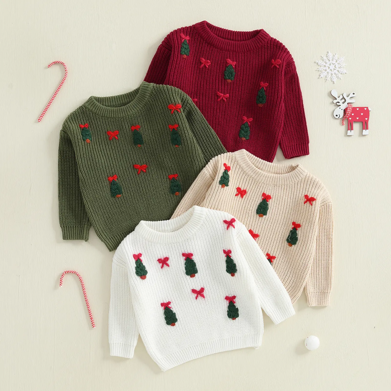 Toddler Baby Boy Girls Christmas Sweater Christmas Tree Embroidery Long Sleeve Pullover Xmas Little Kids Fall Winter Warm Knit Tops 0-5 Years