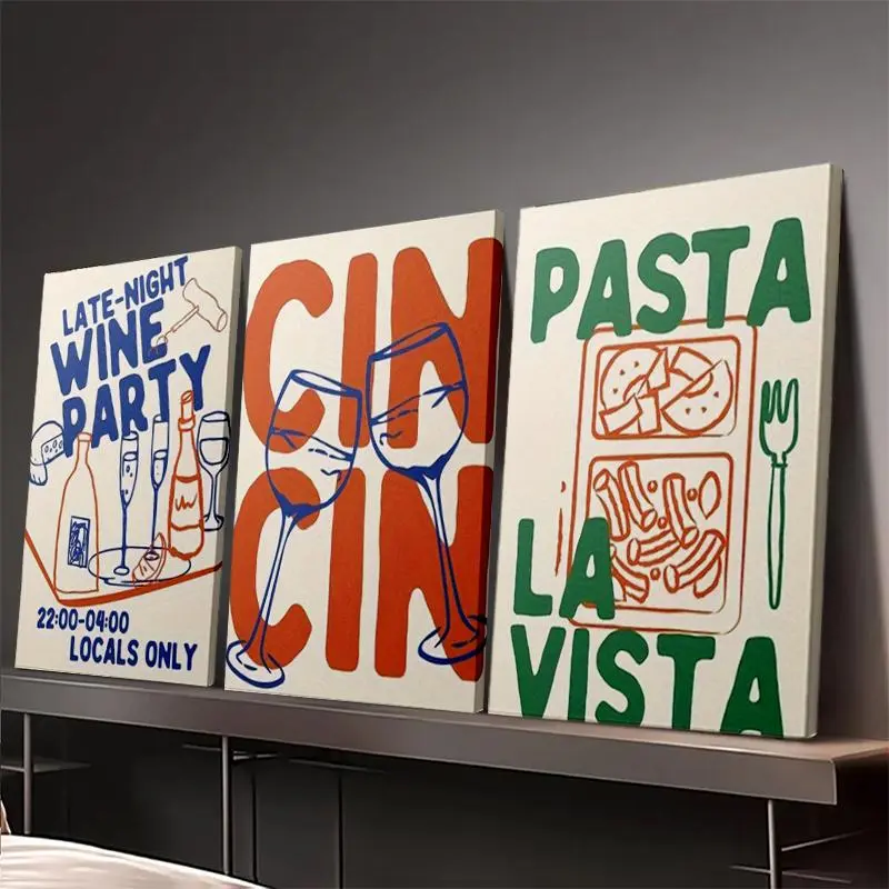 Retro Drink Party And Italian Cuisine Theme 3-Piece Canvas Wall Art - Framed, Ready To Hang - For Living Room Cafe - Perfect Gift For Housewarming Christmas New Year - Wall Decor, Home Decoration