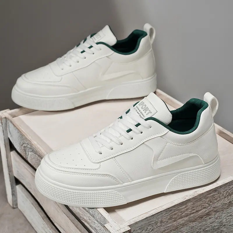 Men's Bright White & Green Closed Basic Solid Casual Trainers - Waterproof, Dirt-Resistant PU Leather Low-Top Walking Shoes, Lightweight Non-Slip PVC Sole, Athletic Training All-Day Wear All-Seasons Footwear for Students