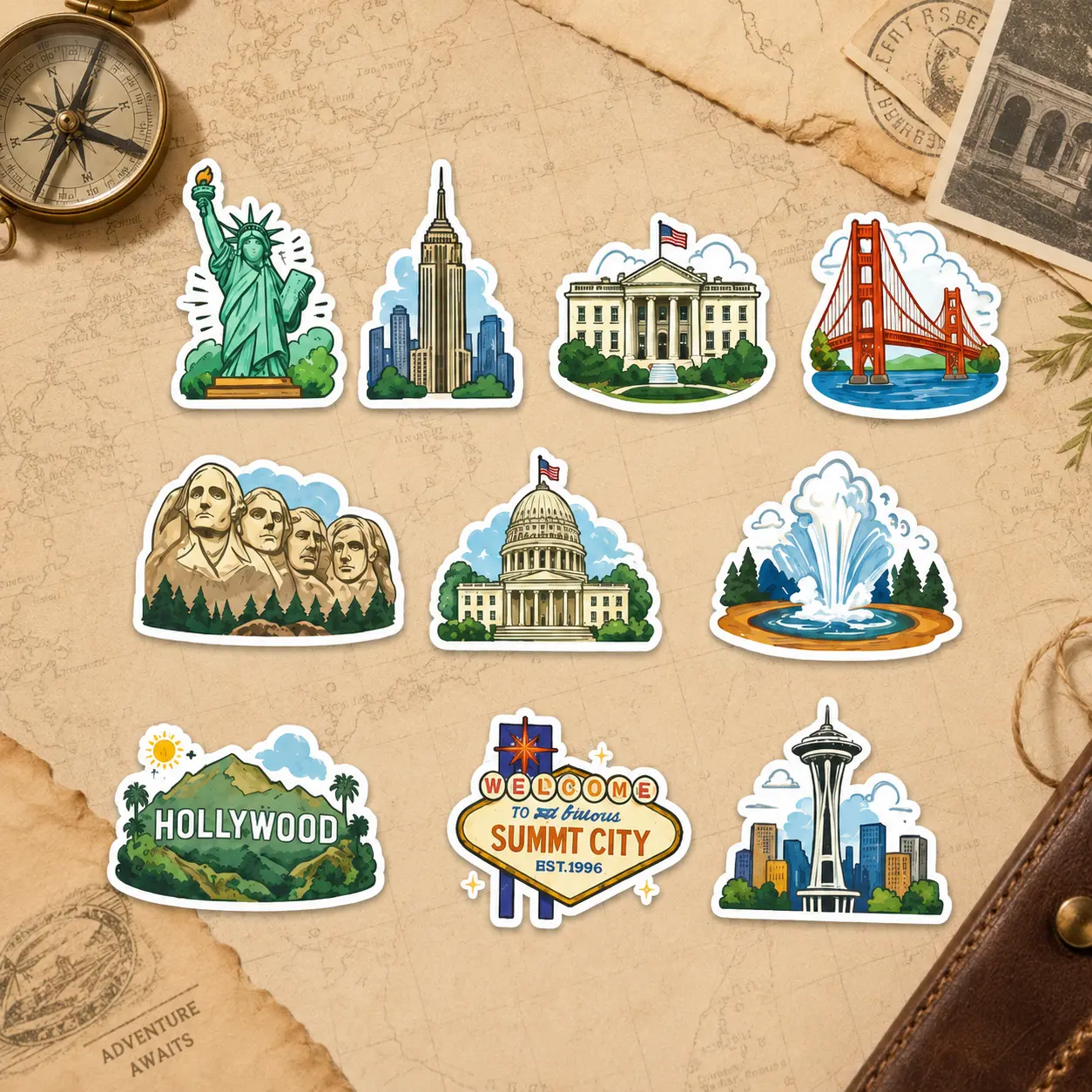 Flat Vinyl USA Travel Souvenirs Sticker Set - Regional Elements Stickers with Golden Gate Bridge & Empire State Building for Laptop, Luggage, American Landmarks, Decorative Stickers