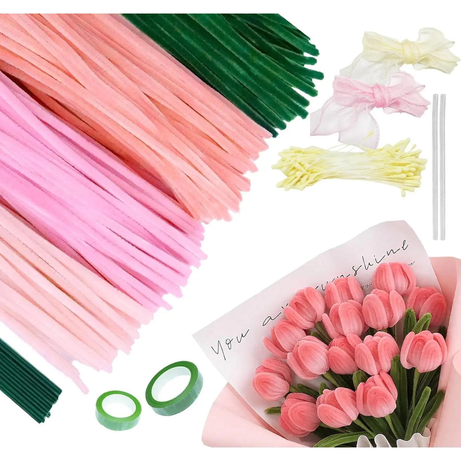 400 count  Pipe Cleaners Craft, 4 Colors Chenille Stems Pastel Pipe Cleaners with Instruction,  Craft Supplies for DIY Flower Bouquets, , Wedding and Party Decorations, and Gifts