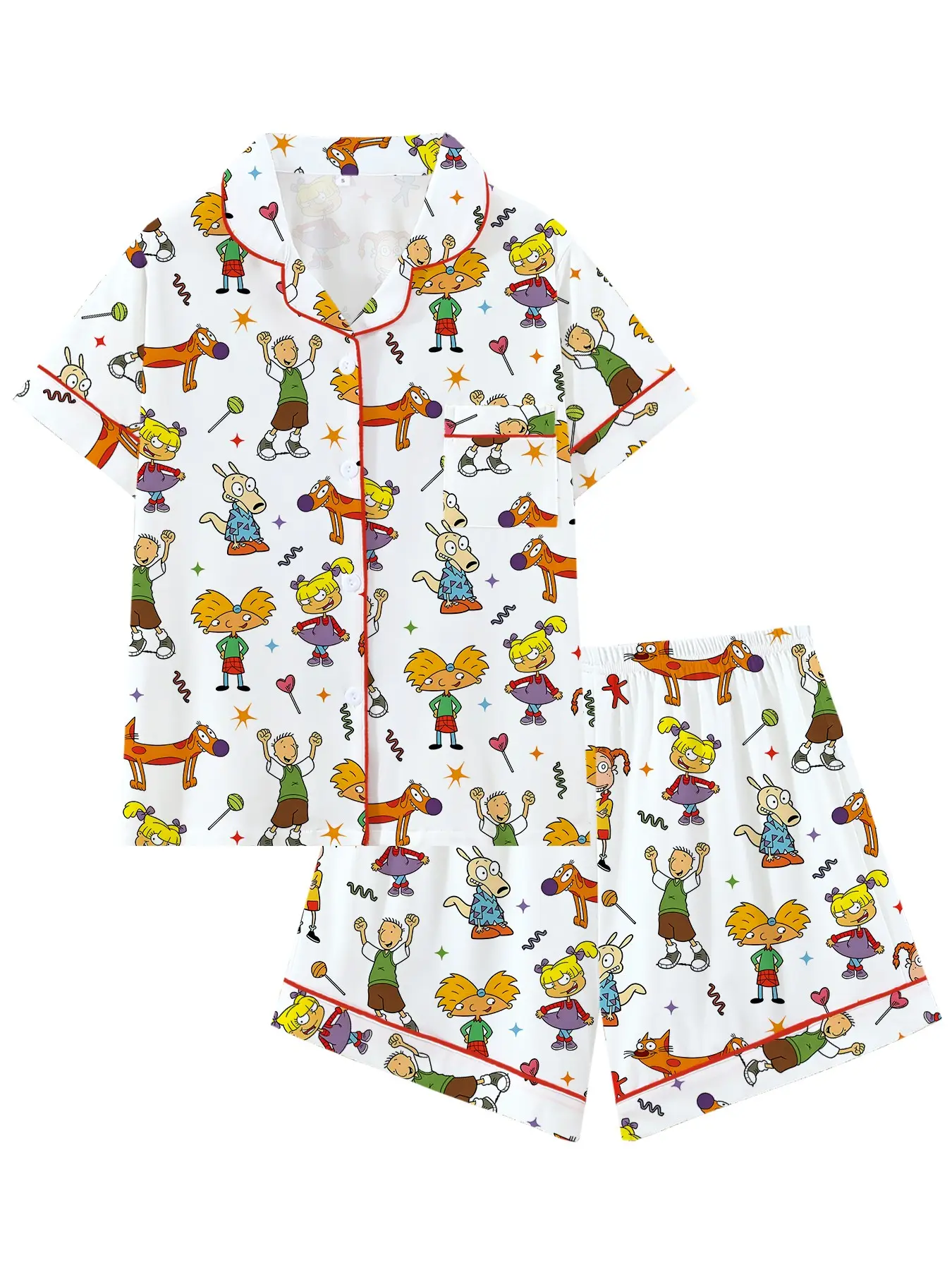 Vintage Cartoon Pajama Set, Soft Short Sleeve Sleepwear, Trim, Casual Slim Fit, All Seasons, High-Quality Design