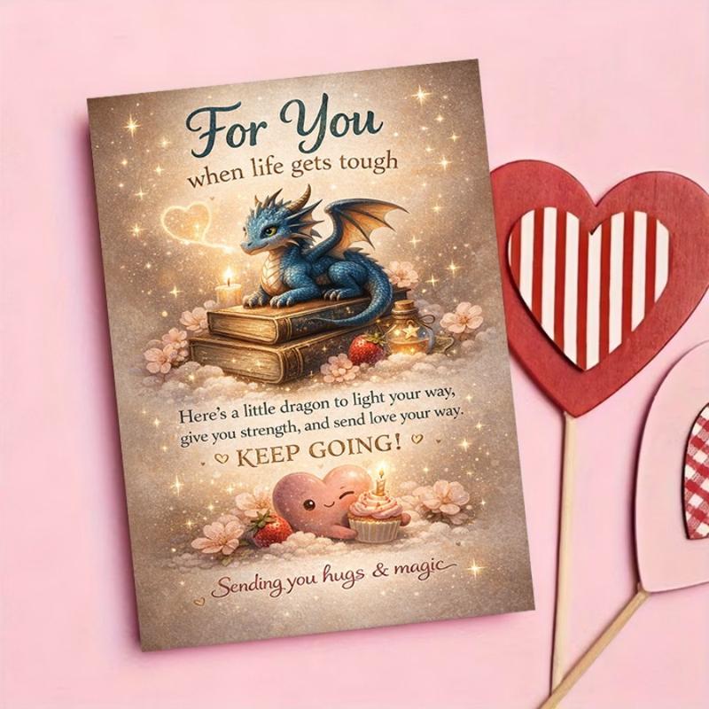 1 Set ( 1 Card+ 1 Envelope) ,Encouragement Greeting Card | Cute Dragon and Heart Design Perfect for Sending Strength, Love, and Support To Friends, Family, or Colleagues Facing Tough Times - Paper, English Language, Fantasy Theme,High-quality Paper