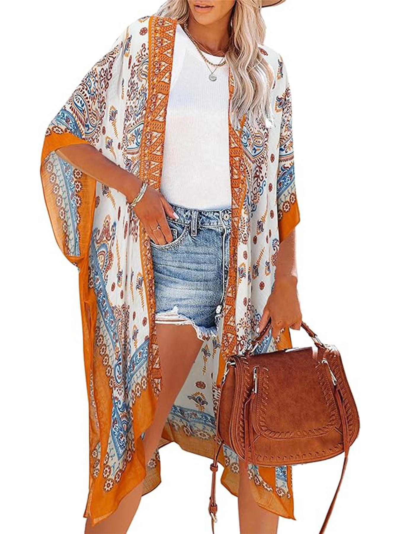 Women's Ethnic Pattern Kimono, Boho Casual Open Front Cover Up for Beach Vacation, Ladies Spring & Fall Clothes