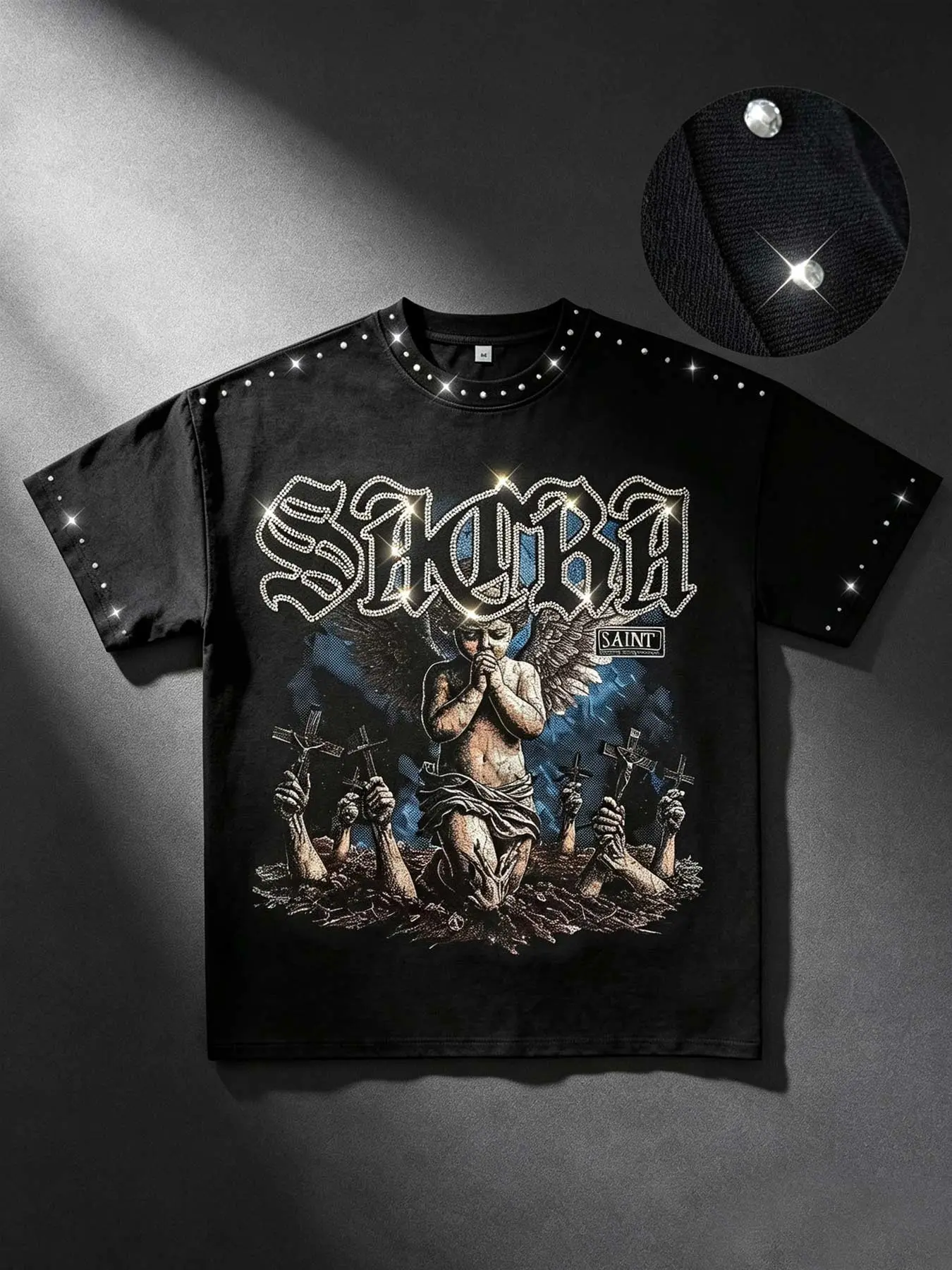 Rhinestone saint praying angel cross cotton men's T-shirt short-sleeved saint print dark retro style earth-breaking hand men's T-shirt half-sleeved loose version street fashion summer clothes unisex shirt men's short-sleeved rock Y2K style nightclub party