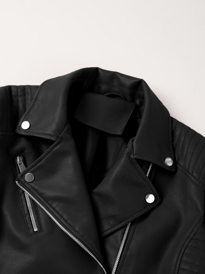 Women's Plus Size Plain PU Jacket with Zipper, Casual Fitted Outerwear for Spring & Fall