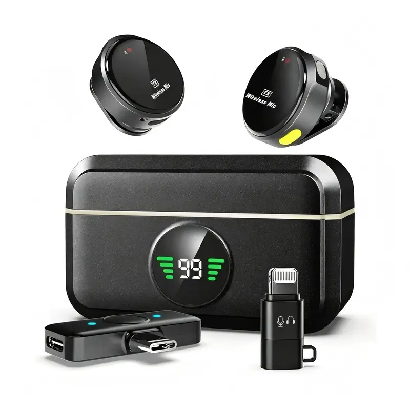 Portable Wireless Lavalier Microphone with Noise Cancellation, USB Type-C Charging, Clip-On Lapel Receiver, Wearable Recording Device