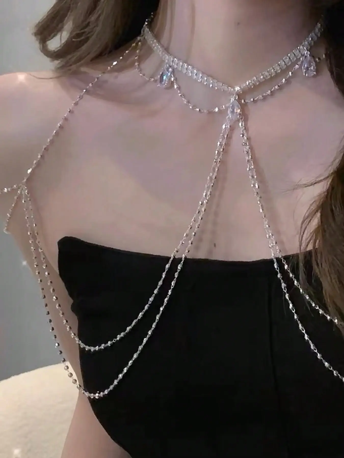 Multi-Layer Rhinestone Shoulder Chain, Elegant Party Accessory, Fringe Design, Wedding Event Fashion Jewelry, Eye-Catching High-End Decorative Piece, Body Chains