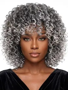 Natural Dense African Curl Bangs Wig, Curly Wig, Short Bob Synthetic Hair, Women's Daily Fashion, 3 Color Options, Stylish and Comfortable