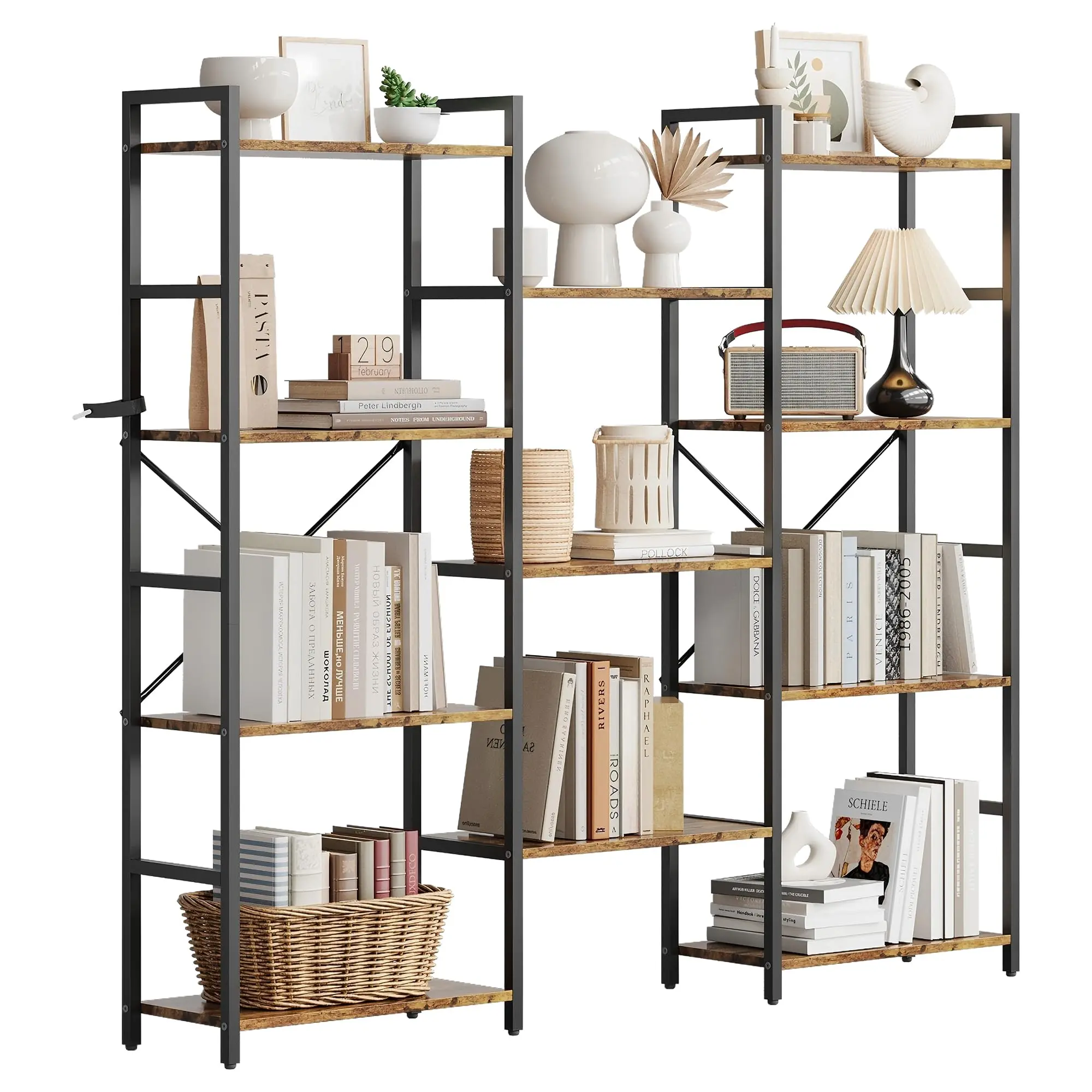 Garvee Triple 4 Tier Bookshelf with 11 Open Display Shelves, Wide Bookcase for Home and Office, Spacious and Stylish Storage Organizer-Brown