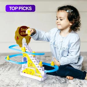 small ducks climbing toys, electric ducks chasing race track game set, playful roller coaster toy with led flashing lights & music