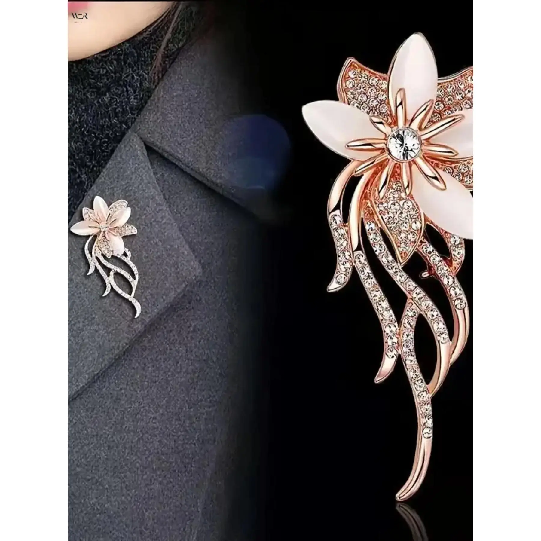 Women's Rose Gold-Blush Pink Alloy Floral Crystal Dangle Brooch - 6cm Height, 10.2g, Romantic Elegant Fashion Accessory for Ceremony, Party Wear