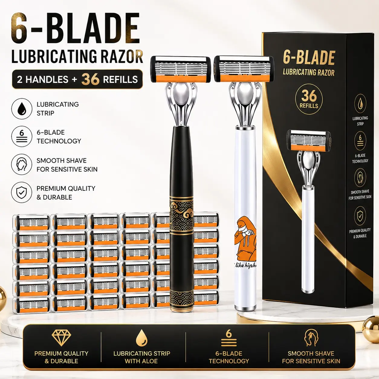 Luxury 6-Blade Shaving Set, 2 Unisex Handles, 36 Replacement Blades, Smooth Shave, Ergonomic Non-Slip Handle, Durable Sharp Blades, Travel Friendly