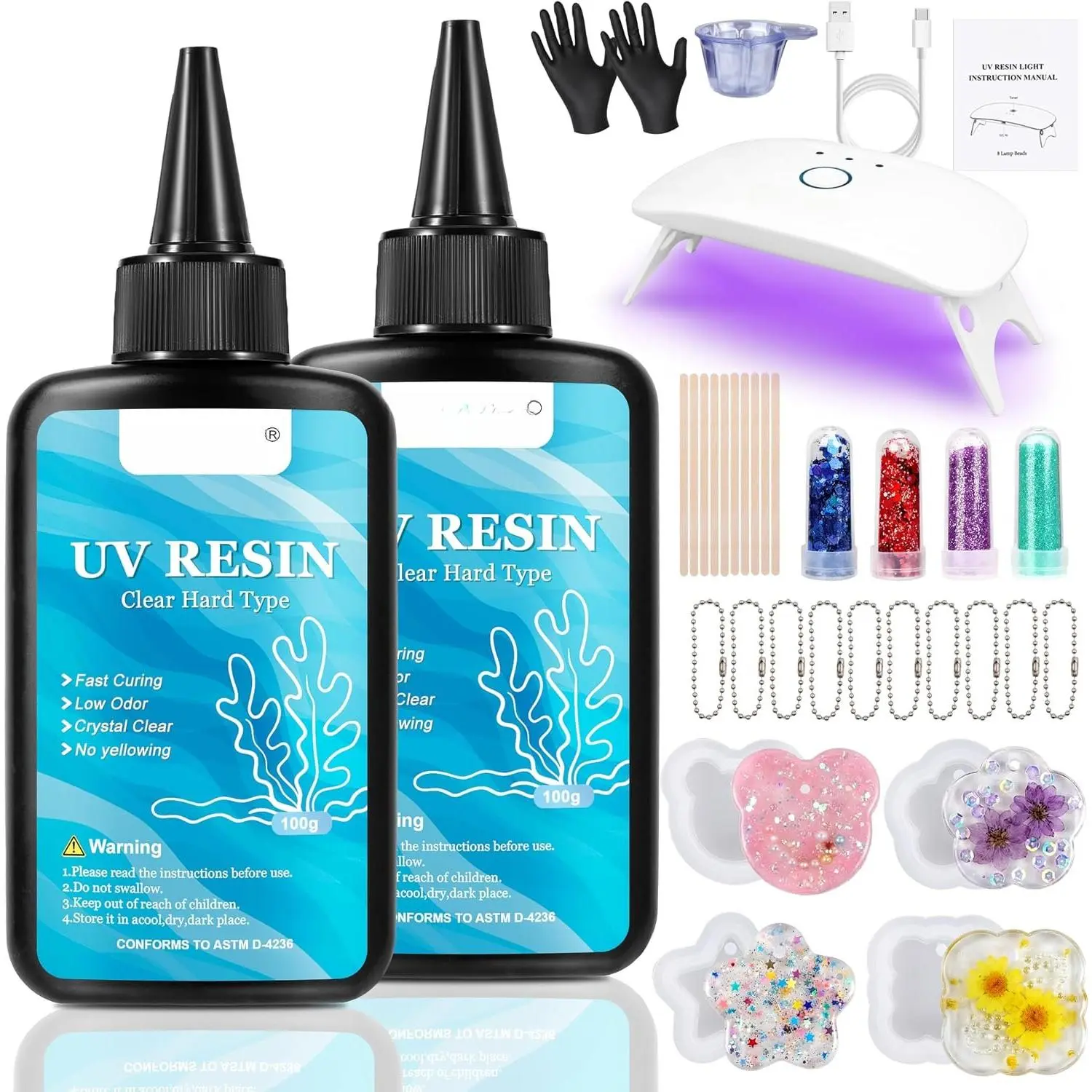 UV  Kit with Light and Molds - 200g Upgraded Bubble-Free  Clear Hard Resina,  Curing Starter Supplies for DIY  Making, Earring,