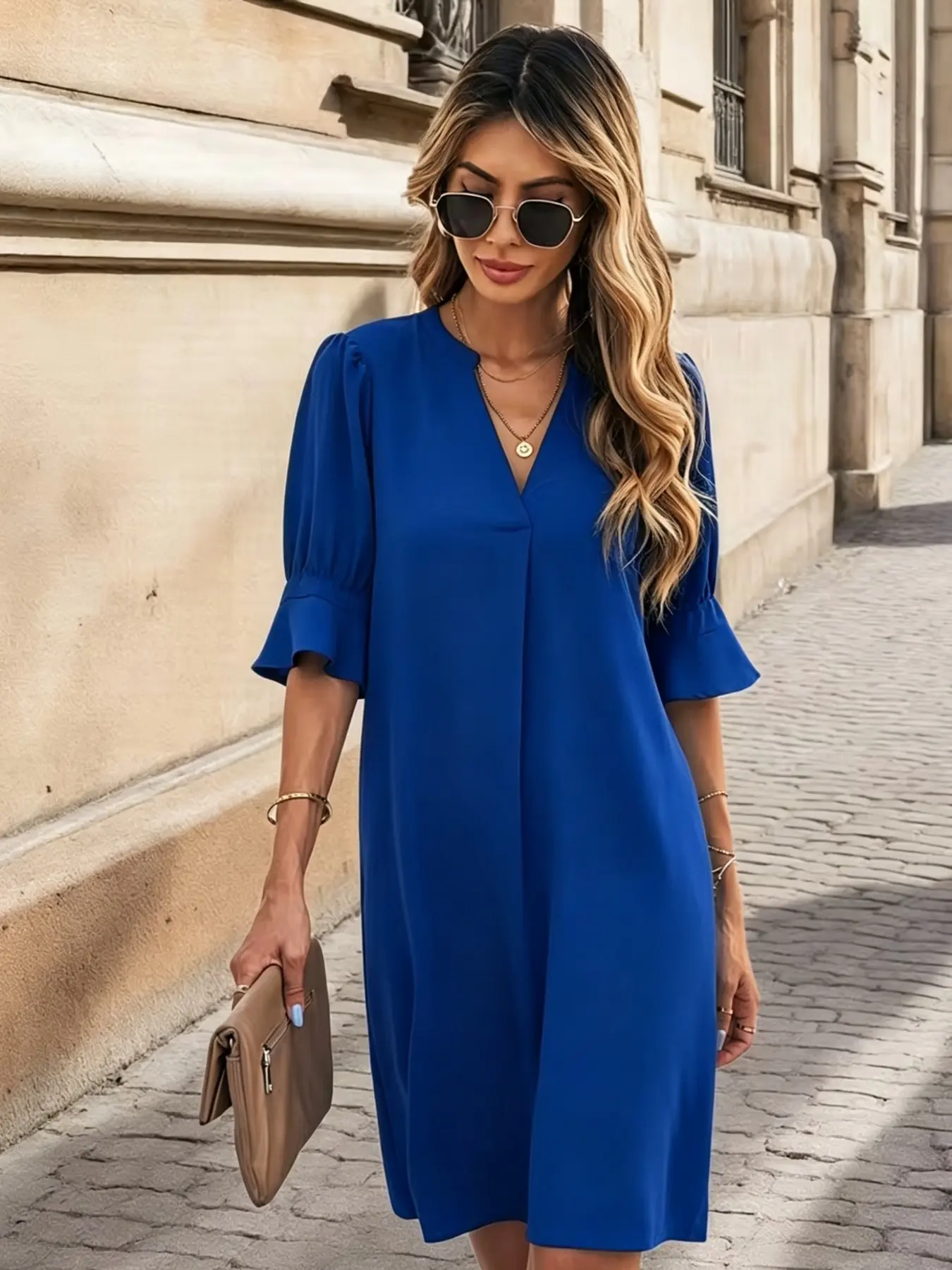 French Stand Collar Half Open Front Bubble Sleeve Shirt Dress, Lazy Style Conceal Fat Five-Finger Short Skirt, Comfortable and Stylish