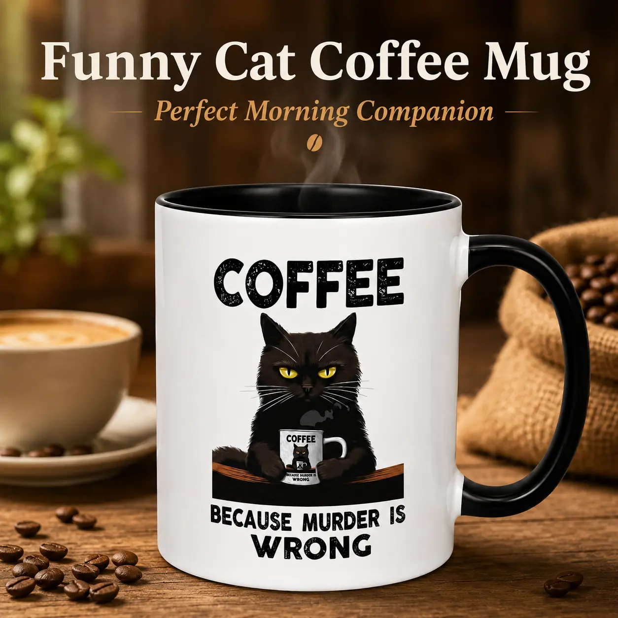Funny Cat Coffee Mug 11oz, Dark Humor Ceramic Coffee Cup with "Coffee Because Murder Is Wrong" Quote, Black Cat Mug, Microwave & Dishwasher Safe, Funny Gift for Cat Lovers, Coffee Lovers, Friends Coworkers