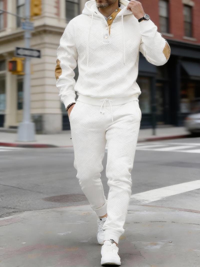 Vintage Style Men's 2-Piece Loungewear Set - Textured Fabric Hoodie with Button Placket & Contrast Details Casual Beige