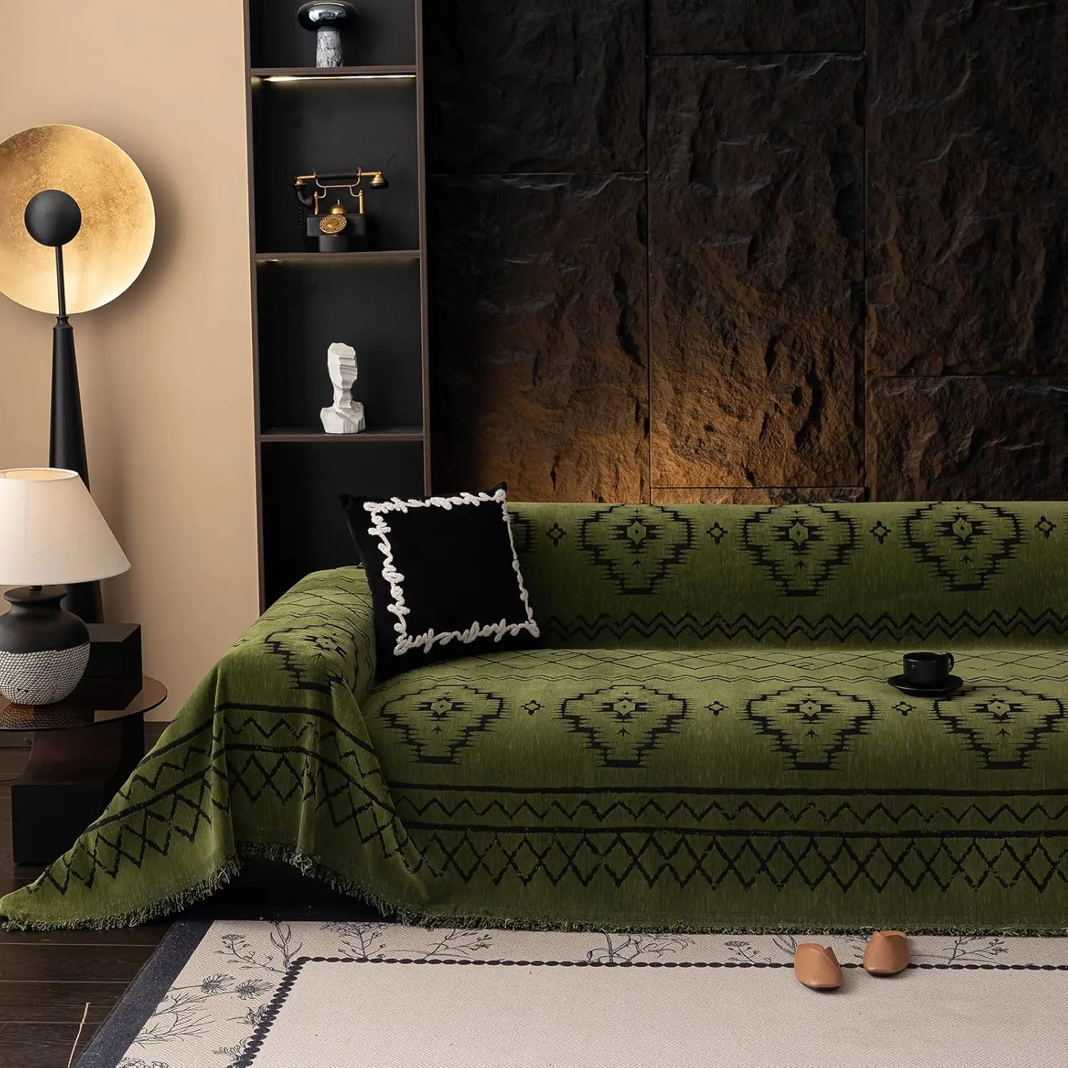 Bohemian Green Couch Cover for Dog, Non Slip Sectional Sofa Covers Furniture Protector Washable Tribal Pattern Couch Covers for 3 Cushion Couch Sofa, Soft Pet Sofa Slip Cover, Green, 71"X134"