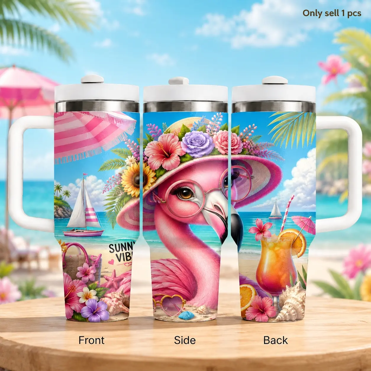 Pink Flamingo Tropical Design 40oz Stainless Steel Tumbler with Straw & Handle, Aesthetic Leakproof Travel Cup for Cold Drinks and Coffee, Stylish Hydration Cup for Office, Car Cup Holder, Camping and Beach Lovers