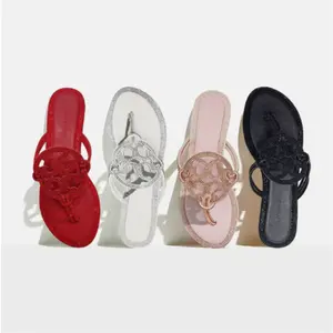 Women Black Soft Insole Bling Rhinestone Hollow Circle Flat Flip Flops