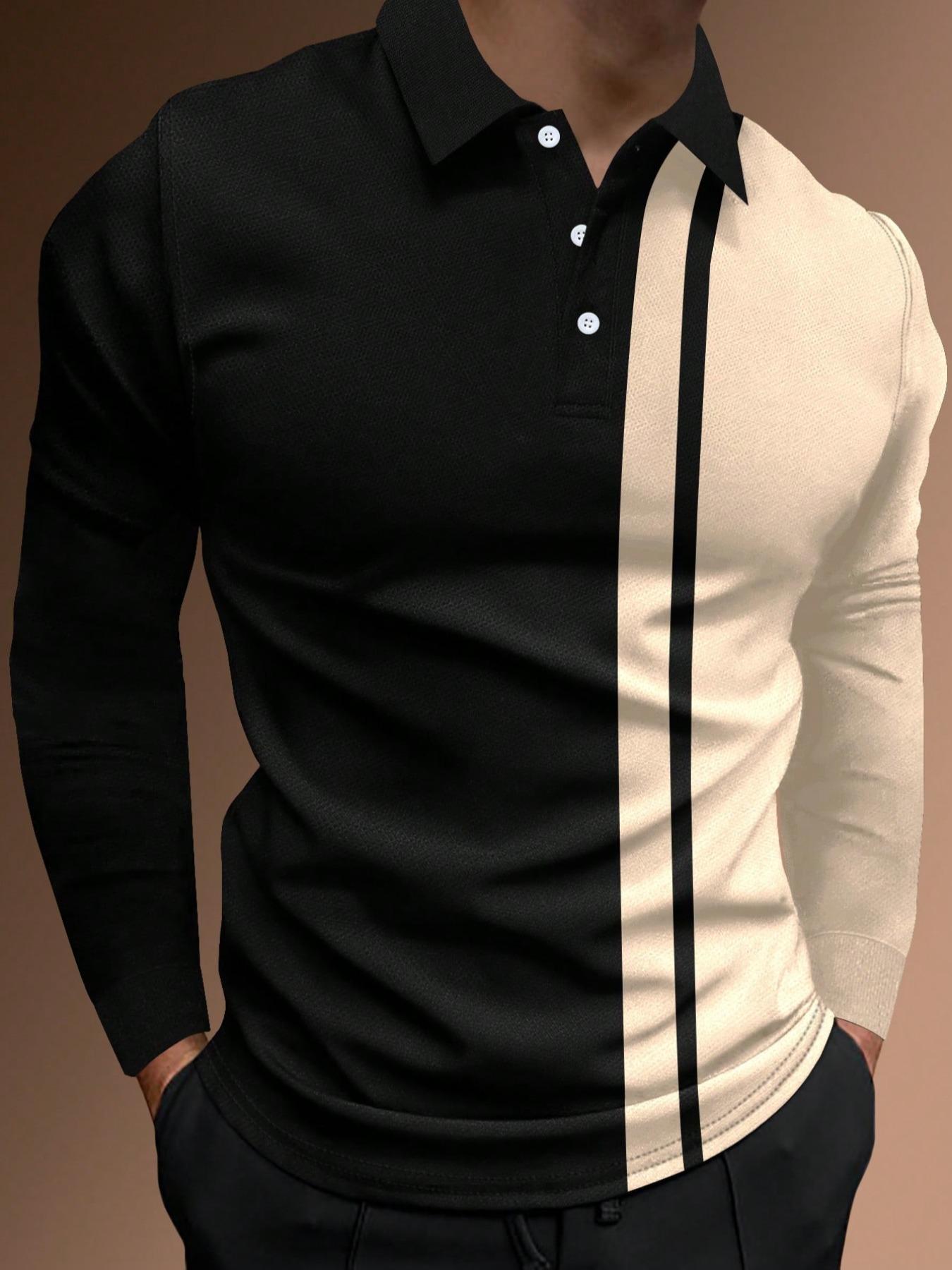 Men's Patchwork Print Half Button Fitted Polo Shirt, Regular Fit Casual Longsleeves Collared Top, Polo Shirts Men, Fall Outfits, Fall Going Out Tops, Men's Clothing, Polo Tees, Fashion Men's Clothes for Daily Wear, Menswear, Golf Colorblock Polo Shirt