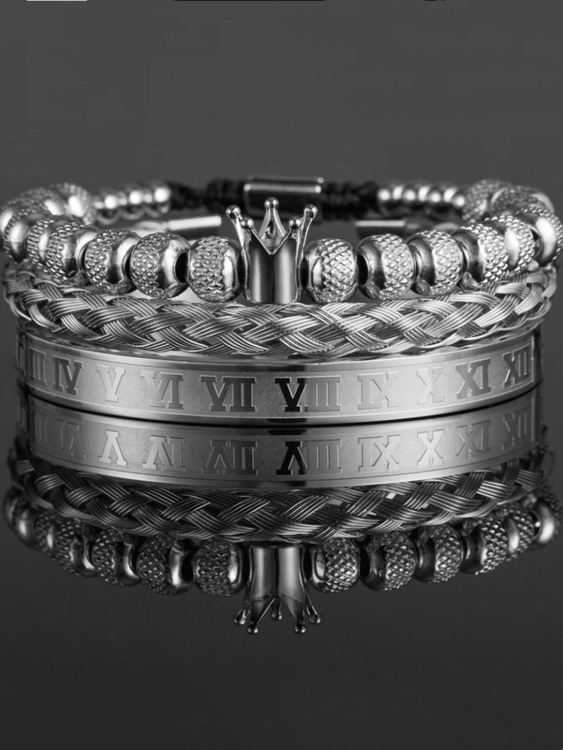 Men's Elegant Braided Bracelet, Fashionable Crown & Roman Numerals Decor Bracelet for Party, Daily Decor, Trendy All-match & Exquisite Jewelry for Birthday Gift