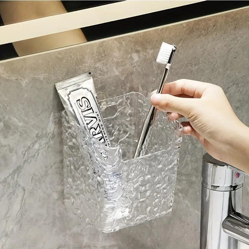 Wall-Mounted Transparent Glossy Plastic Cube Storage Box with Pink Bow, Durable Modern Design, Multiple Sections, Strong Adhesive Backing - No Drilling Space-Saving Bathroom Toothbrush Holder for Toothpaste, Lipstick