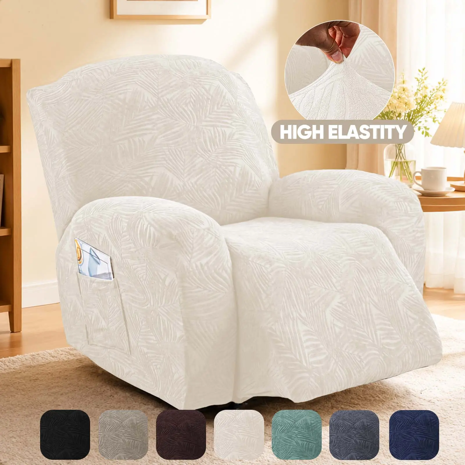 Recliner Covers - Multi-Size Stretch Polyester Blend Flat Weave Leaf Jacquard Stretch Fabric Cover, 1/2/3 Seater Anti-Slip Grip Pockets Full Fit, Pet Friendly for Home Use
