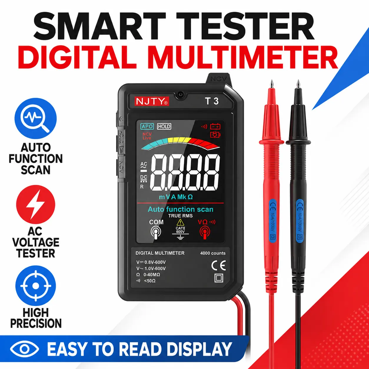 Professional Smart Digital Multimeter Tester, Auto-Ranging Rechargeable Meter with True RMS, Live Wire Detection, AC Voltage Testing, Resistance Measurement & Large Digital Display