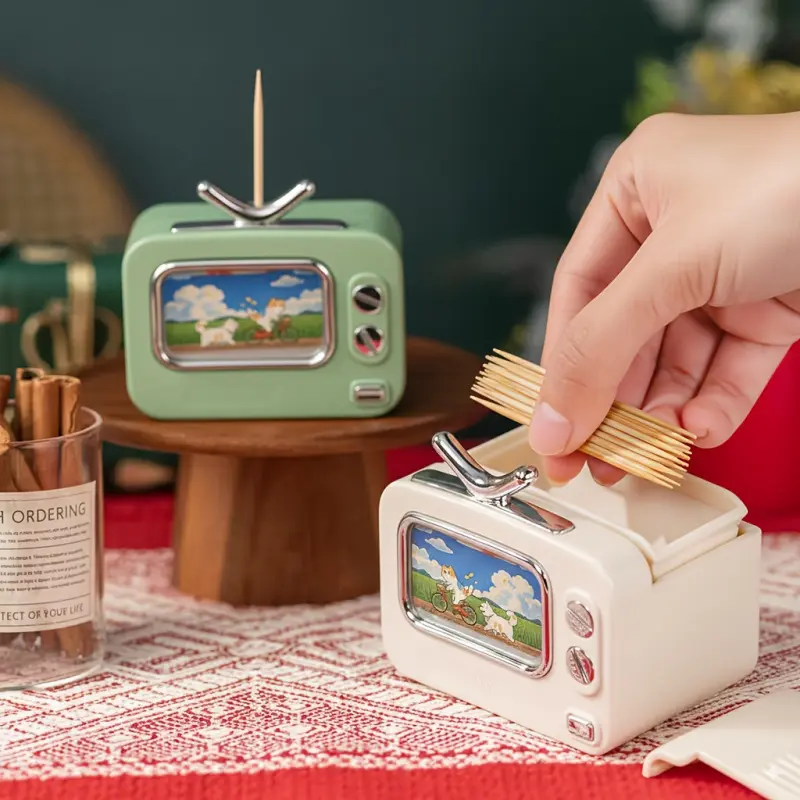 1 toothpick box (includes 1 pack of toothpicks) - Vintage TV design, multi-color automatic pop-up dispenser, high-quality dustproof desktop toothpick box, elegant desktop storage box, suitable for use in kitchens, restaurants, living rooms, hotels, partie