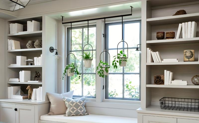 1set Metal Adjustable Hanging Planters with 4pcs Plastic Pots, Rail for Indoor Window & Ceiling Herb Garden, Wall Plant Hanger with Nylon Cords, 11.8" -18.1" Width Expandable Cabinet Drawers for Pot and Pan, Slide Out Storage Rack, Black, Flower Pots