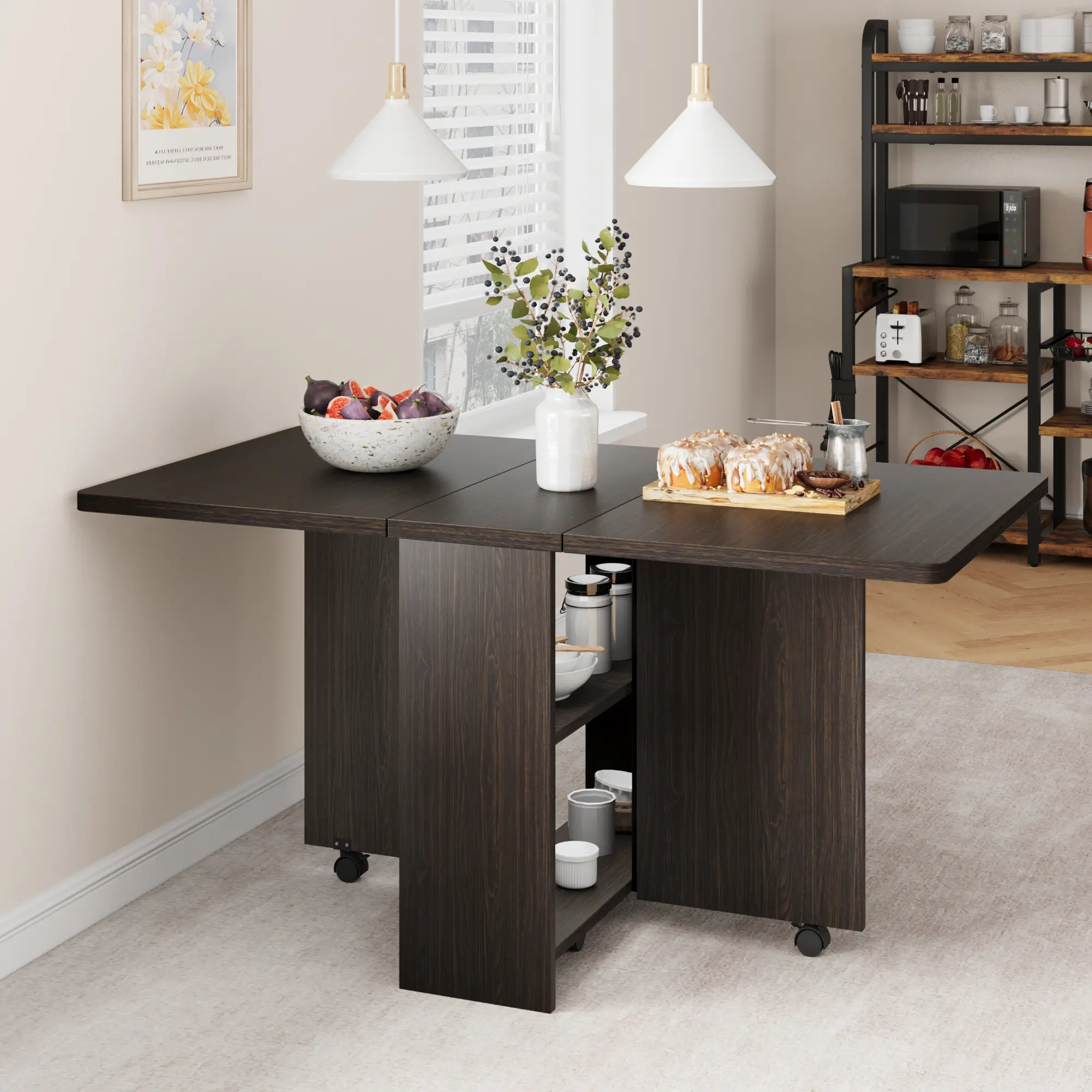 Rustic Pear Wood Rectangle Folding Dining Table - Compact Ergonomic, Drop Leaf, 2-Tier Storage Shelves, Extendable, Easy Mobility Rolling Wheels, 4-6 Seats, Kitchen Island, 47.2"d x 23.6"w x 29.5"h, Compact Ergonomic Dining Room Furniture