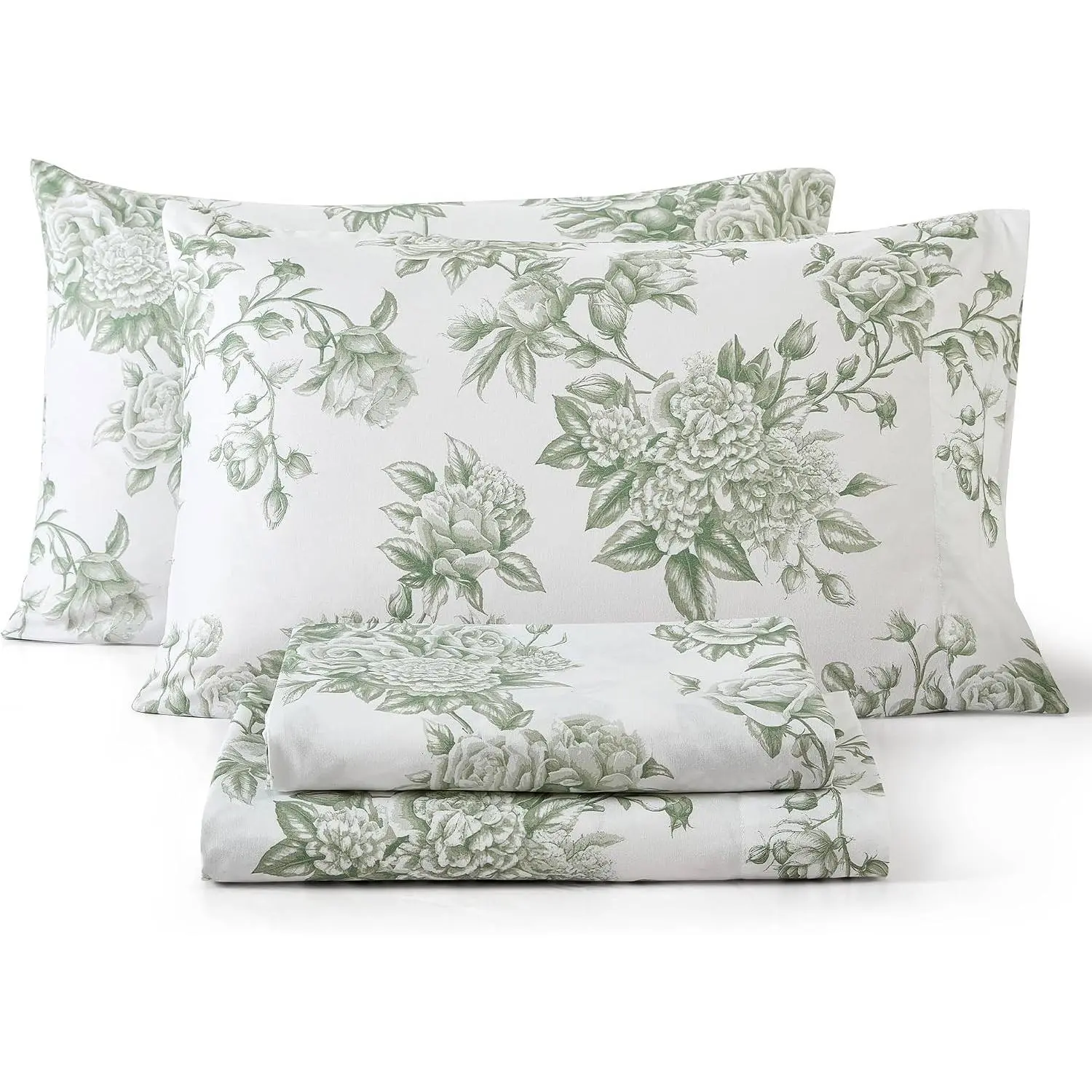 Rose Toile Floral Bed Sheets - 4 Piece Bed Sheet Set - Wrinkle Resistant & Ultra Soft - Fits Mattresses up to 15 Inches Deep (Full, Sage Green)