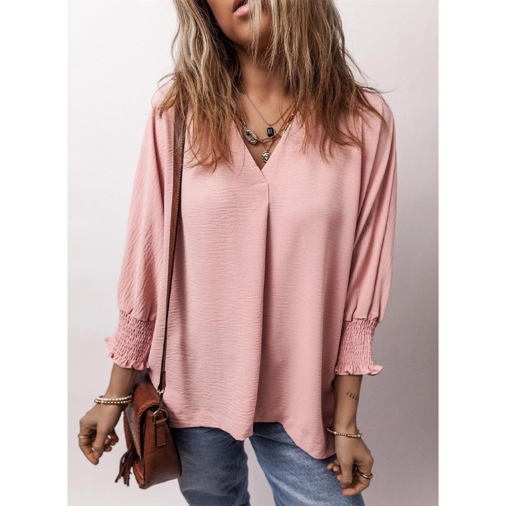 Women's V-Neck 3/4 Sleeve Oversized Tunic Tops Casual Summer Blouses Fitted Shirts 100% Polyester Comfortable Fabric