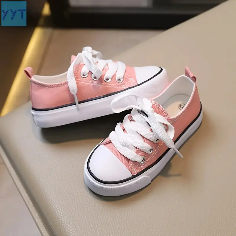 2026    Kids' Low-Top Canvas Sneakers - Breathable Inner Perforation, Durable Rubber Sole, Lightweighmfortable, Black/White/ Pink, Lace-Up Design Boys & Girls, Casual Shoes |       Laceup Sneakers |       Canvas Upper Sneaker