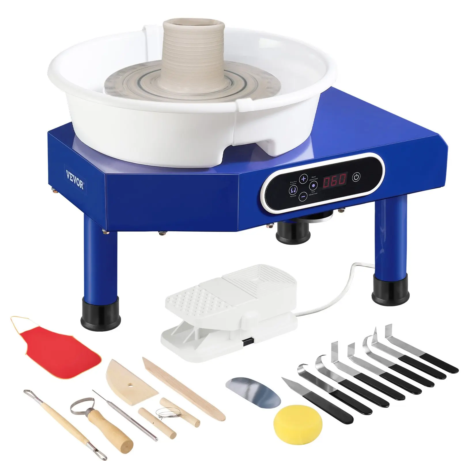 VEVOR 10-in Ceramic Pottery Wheel Forming Machine with Adjustable Speed (60-300 RPM), Foot Pedal, Detachable ABS Basin, Manual LCD Panel, Sculpting Tool & Apron for Home DIY Pottery Craft, Adjust Speed