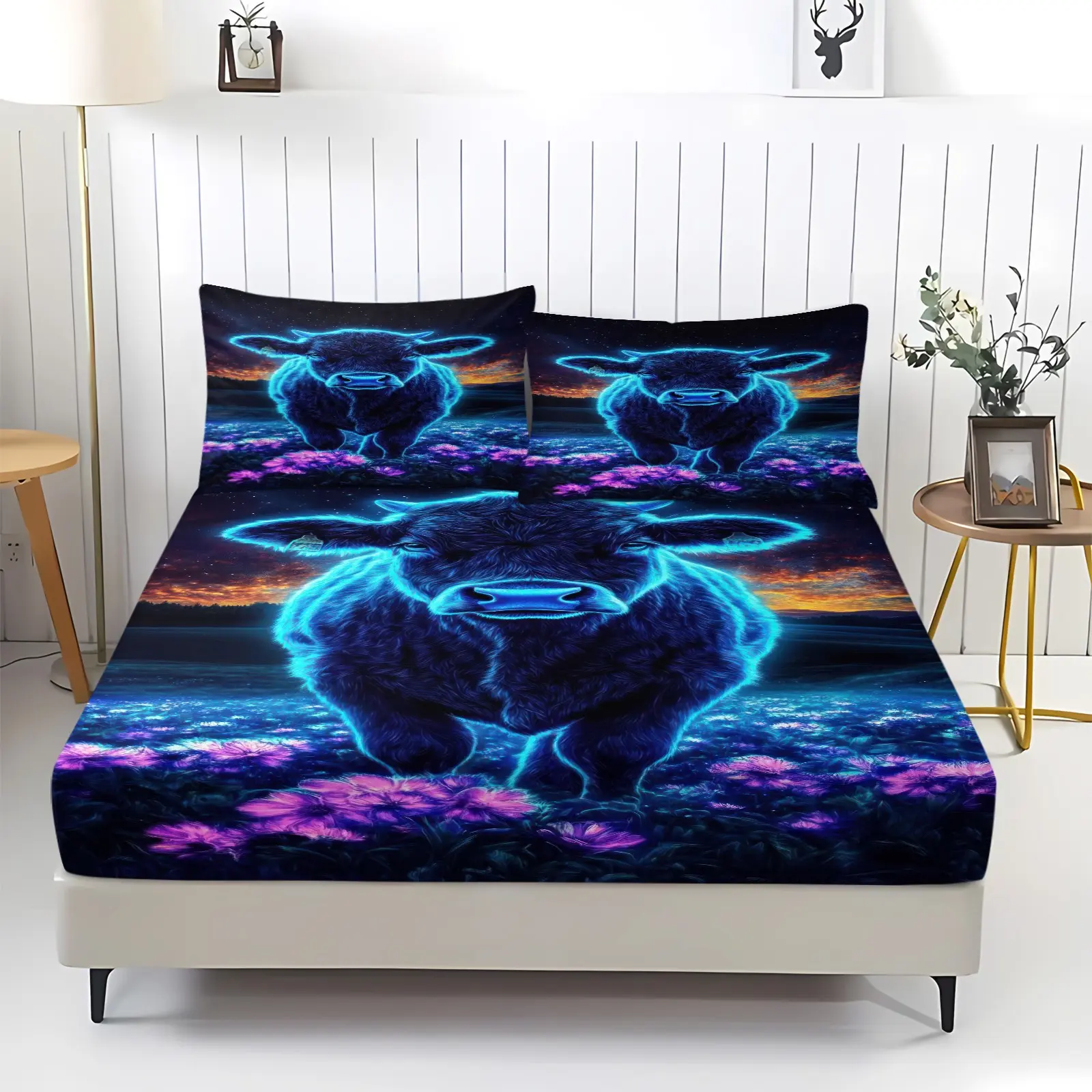 3pcs Neon Highland Cattle Print Fitted Sheet Set, Soft And Comfortable Bedding Set, Brightly Colored Digital Printed Bed Sheets,1 Fitted Sheet And 2 Pillowcases (Excluding Pillowcases), Soft And Comfortable Deep Pocket Design. For Bedroom Bedding Set