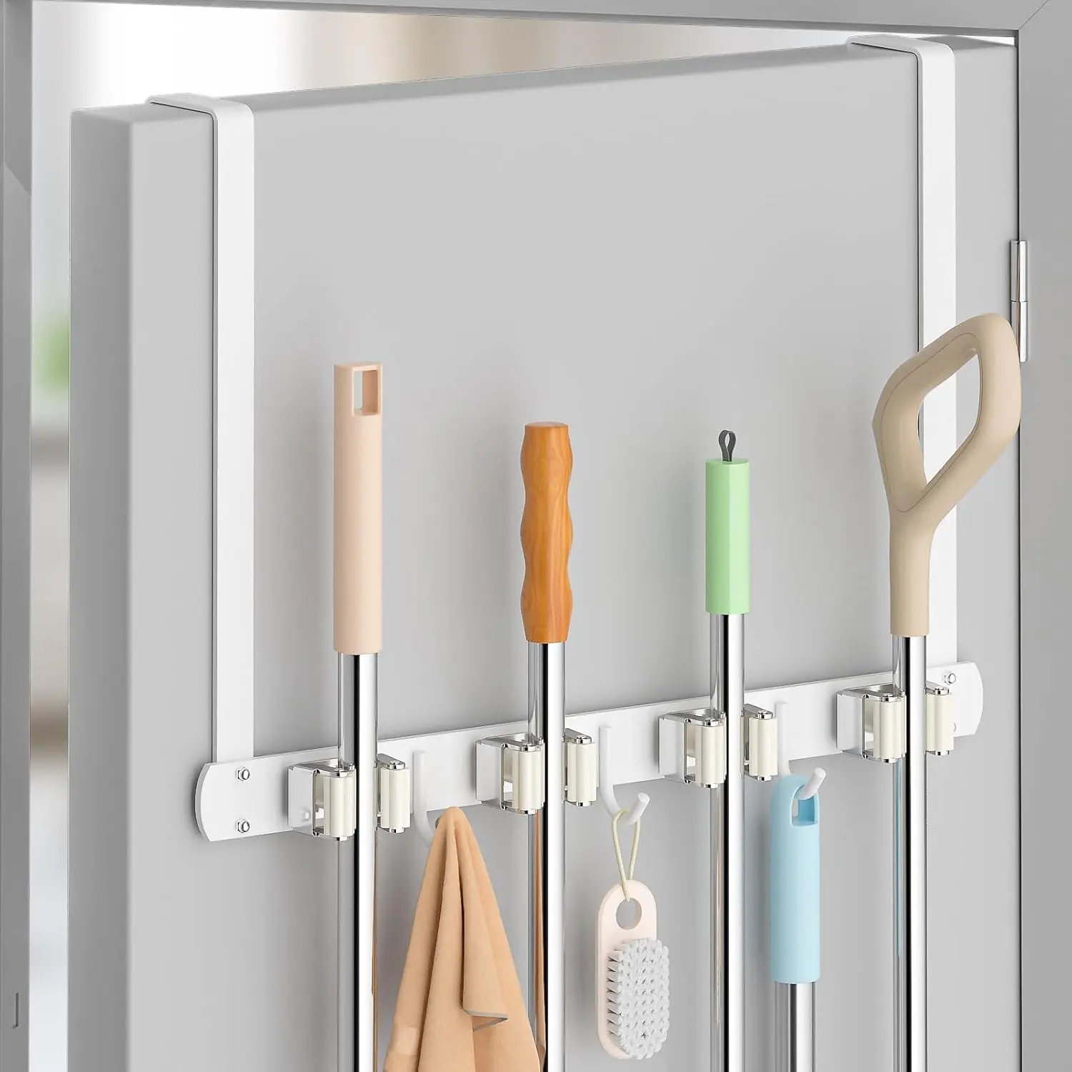 Broom Holder Over The Door - 304 Stainless Steel Mop and Broom Holder Wall Mounted or Hanging Over The Door with Hooks - Broom Hanger - white, Broom Storage Tool Organizer for Closet Laundry